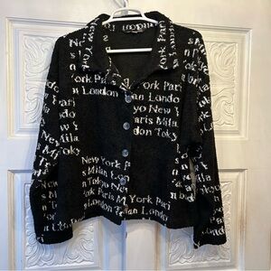 Vintage Supply & Demand Black and White Graphic Designer Plush Cropped Jacket